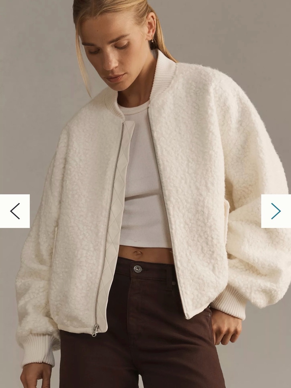 Anthropologie Womens Large Sherpa Jacket Cream Teddy Fleece Cropped Zip Coat - Picture 2 of 14